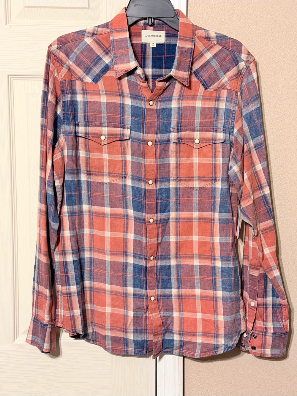 Lucky Brand Coral and Blue Plaid Western Snap Shirt